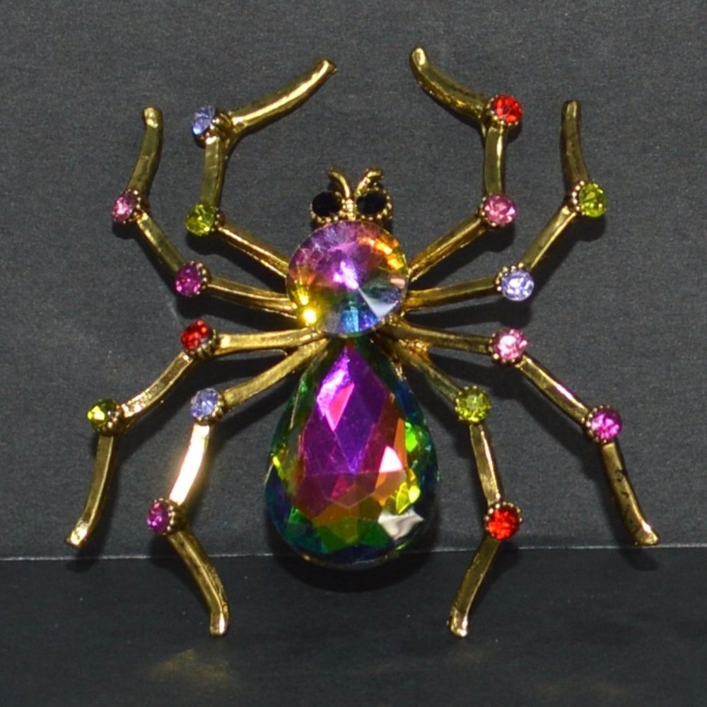 Multi-Color Rhinestone Spider Brooch